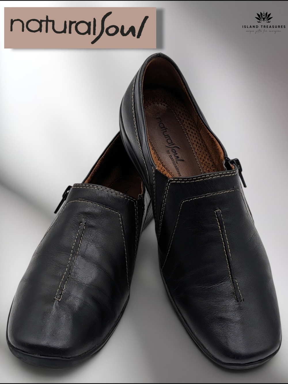 NATURAL SOUL by Naturalizer Sz 8.5 Black Leather Square Toe Zip Loafer Comfort